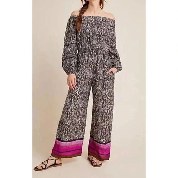 Bl^nk London Anthropologie  Animal Print Wide Leg Jumpsuit Off Shoulder Large - Picture 1 of 11